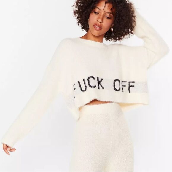 Nasty Gal Fluffy Knit F*** Off Cropped Sweater in Off White | Small - Picture 1 of 8